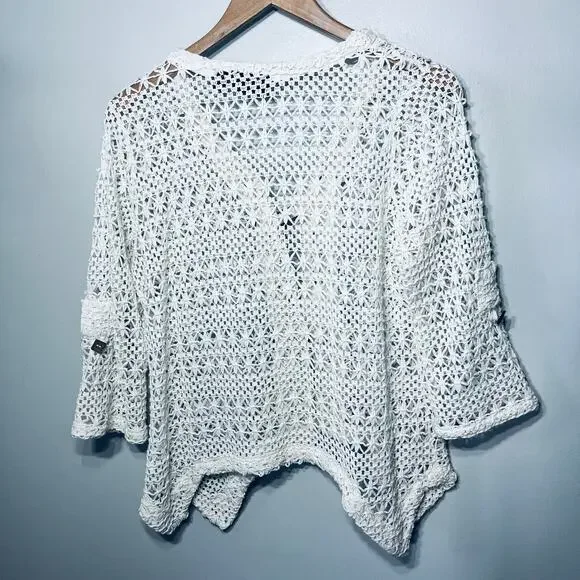 Nina Leonard Cardigan Cream Open Knit Artsy Button Crocheted Boho Beachy M - Picture 3 of 6